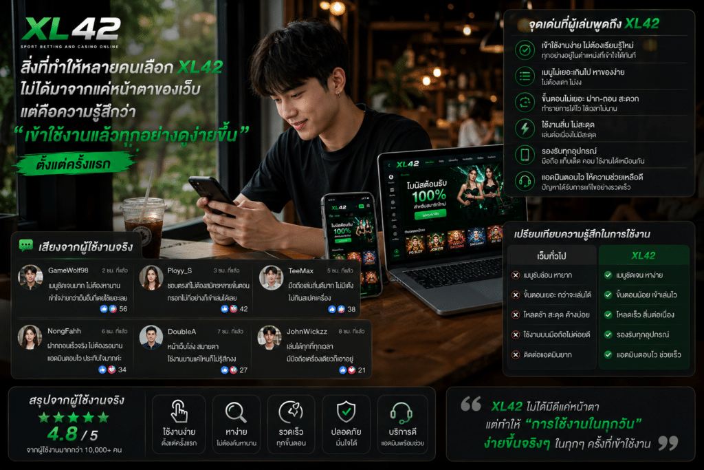 สิ่งที่ทำให้หลายคนเลือก XL42 ไม่ได้มาจากแค่หน้าตาของเว็บ แต่คือความรู้สึกว่า “เข้าใช้งานแล้วทุกอย่างดูง่ายขึ้น” ตั้งแต่ครั้งแรก
