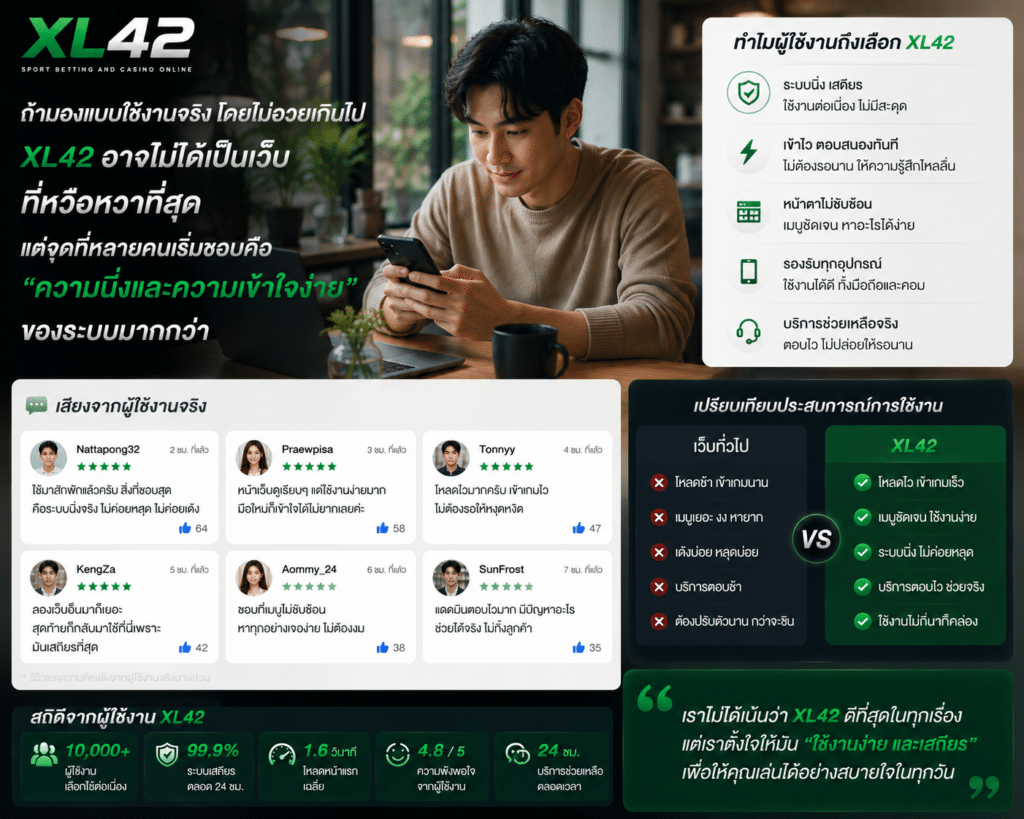 ถ้ามองแบบใช้งานจริงโดยไม่อวยเกินไป XL42 อาจไม่ได้เป็นเว็บที่หวือหวาที่สุด แต่จุดที่หลายคนเริ่มชอบคือ “ความนิ่งและความเข้าใจง่าย” ของระบบมากกว่า